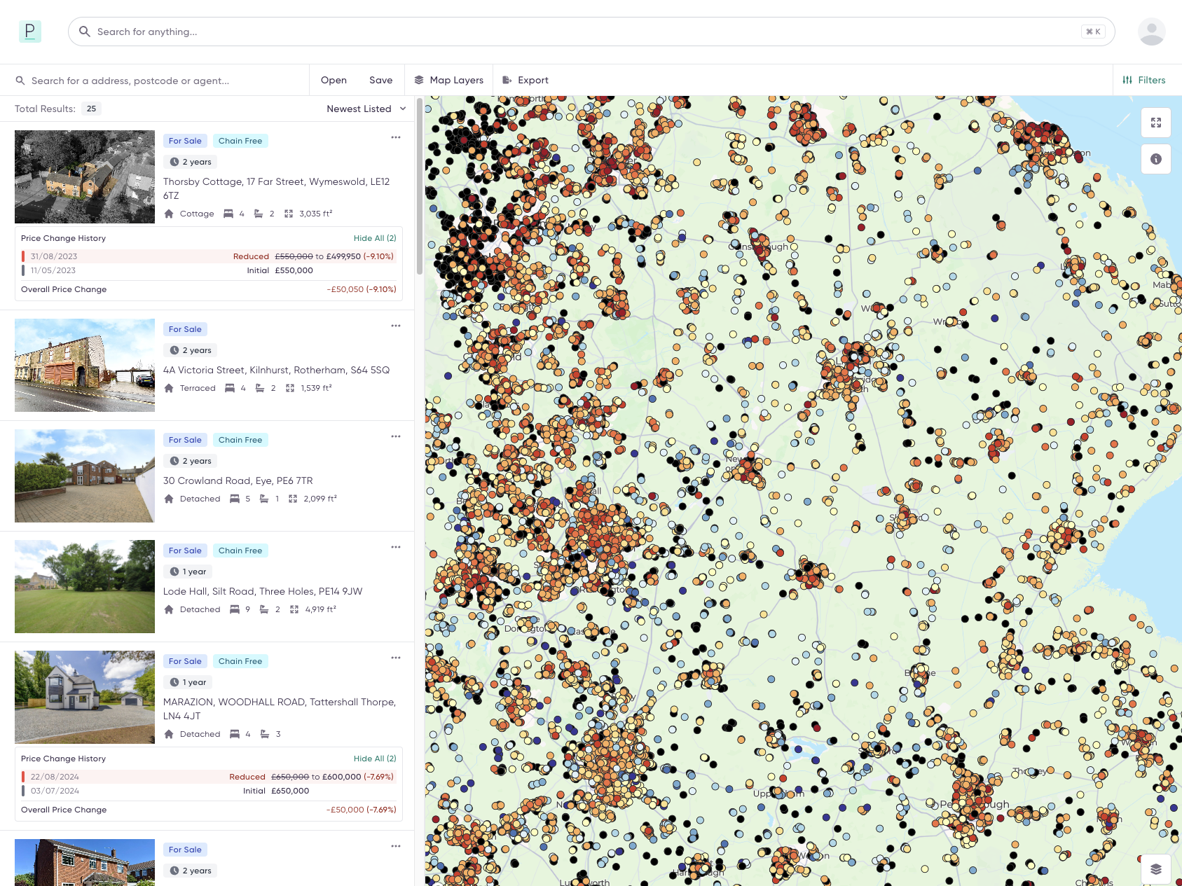 Propbar Explorer interface showing property search with map view